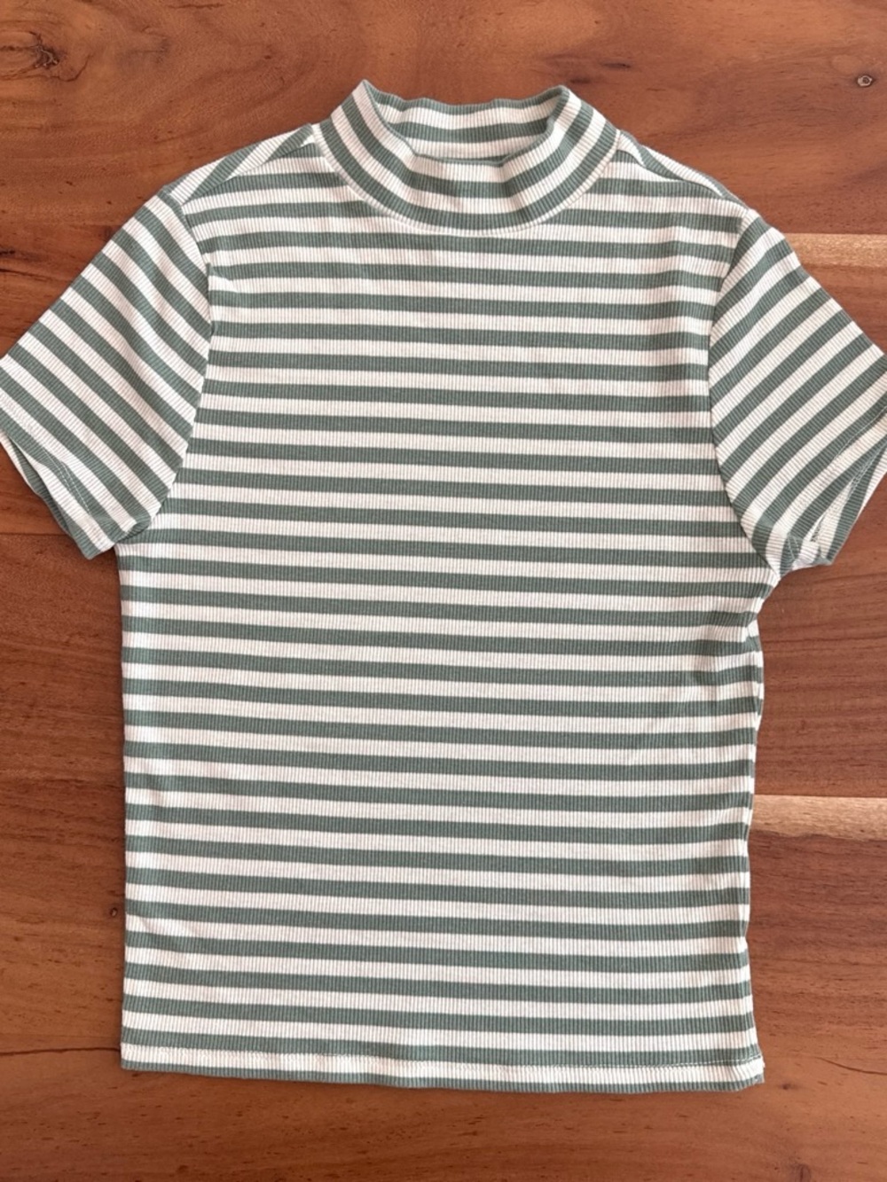 RSQ Sage & White Striped Short-Sleeve Mock Neck Tee